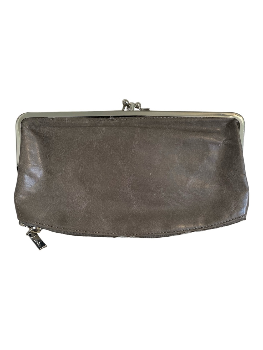 HOBO Lauren Vintage Hide Leather Clutch Wallet Gray Kiss Lock Organizer